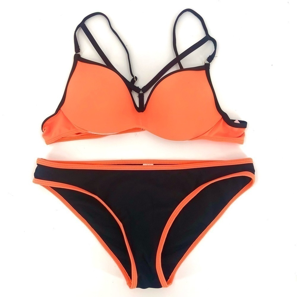 NEW Neon Orange Black Bikini Size Large Top and Bottoms Swimsuit Colorful Beach